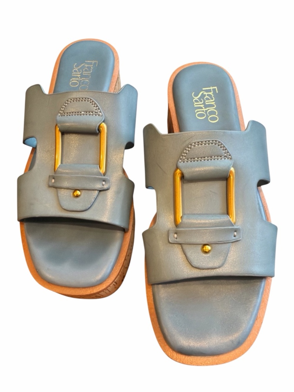 Franco Sarto Platform Slide Sandals Sz 8 Gray Leather Cork Sole 2” Heel Comfort - Picture 5 of 11